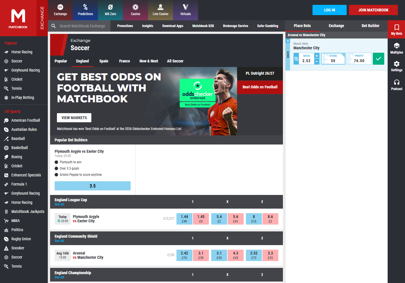 Matchbook betting exchange interface showing sports markets and exchange odds.