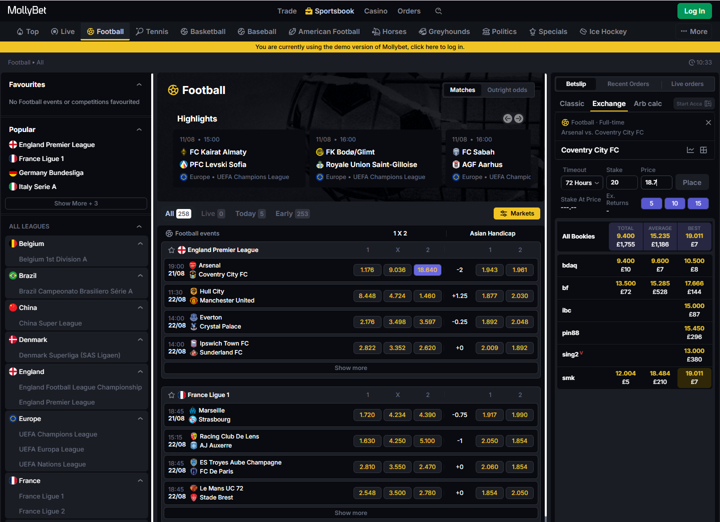 MollyBet betting platform showing aggregated bookmaker odds and market prices.