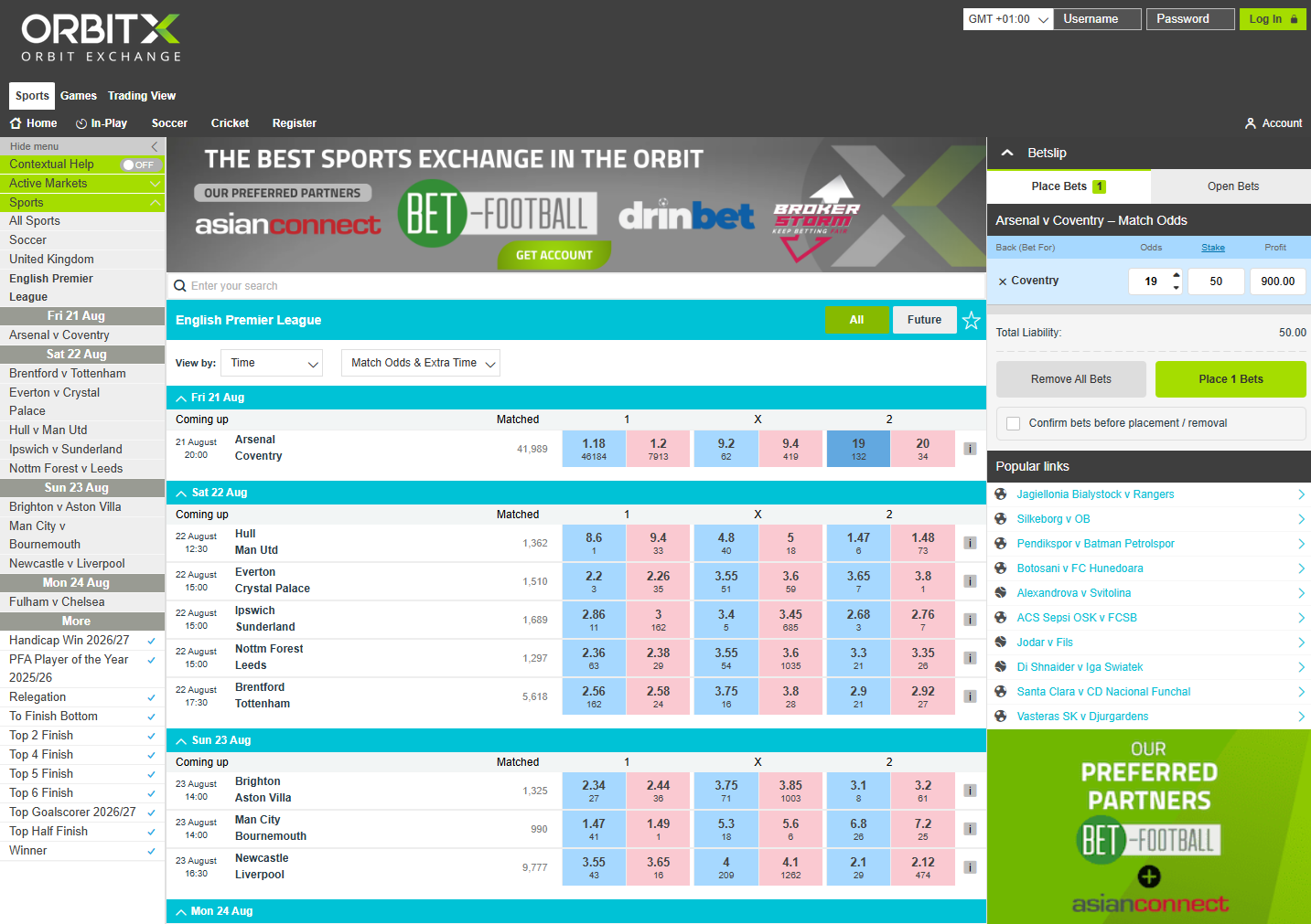 OrbitX betting exchange interface showing exchange markets and trading odds.