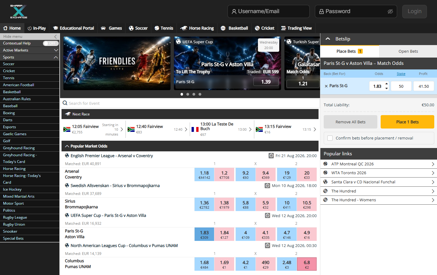 Sharp Exchange interface showing back and lay betting markets and exchange odds.
