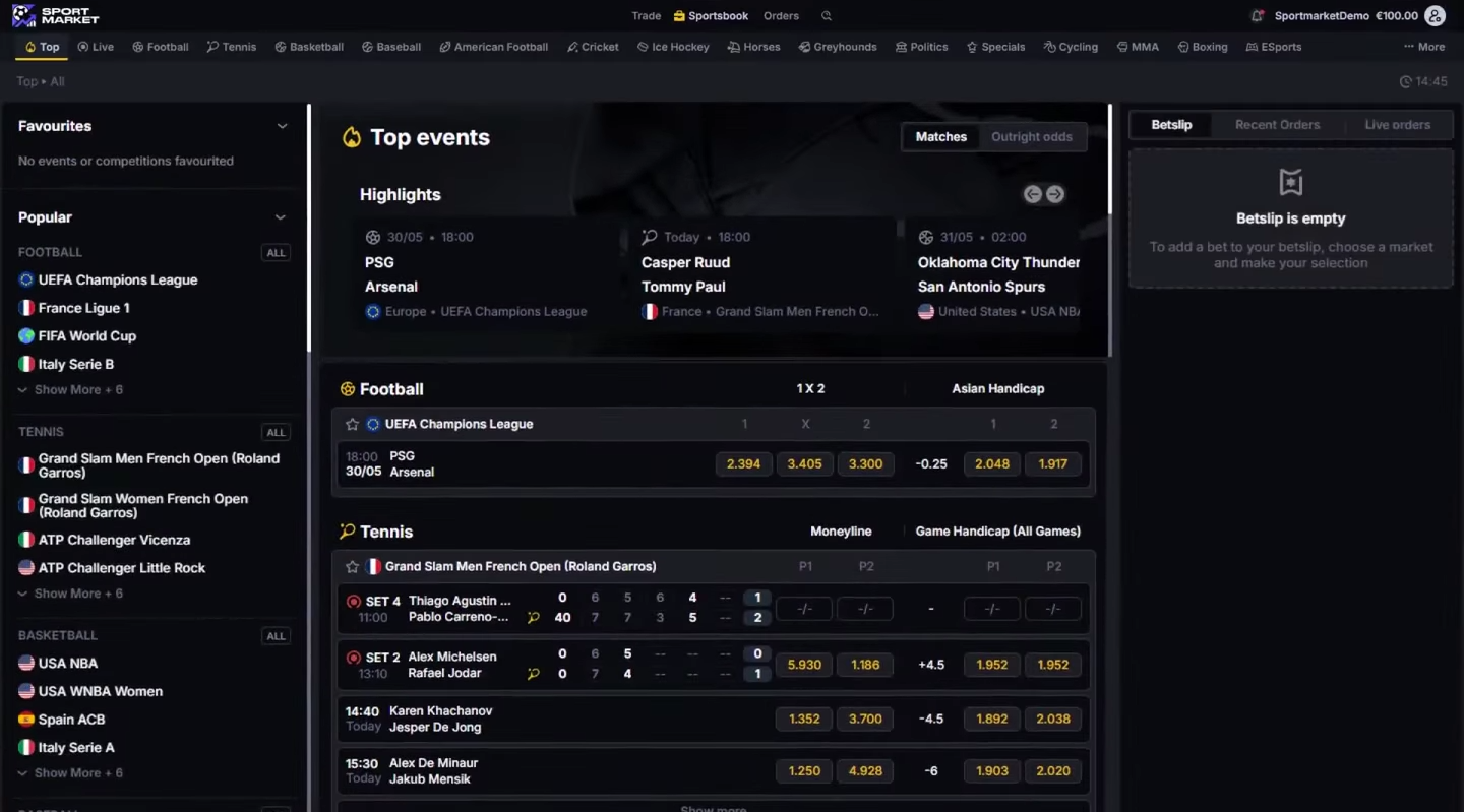 SharpBet (via SportMarket) sportsbook interface