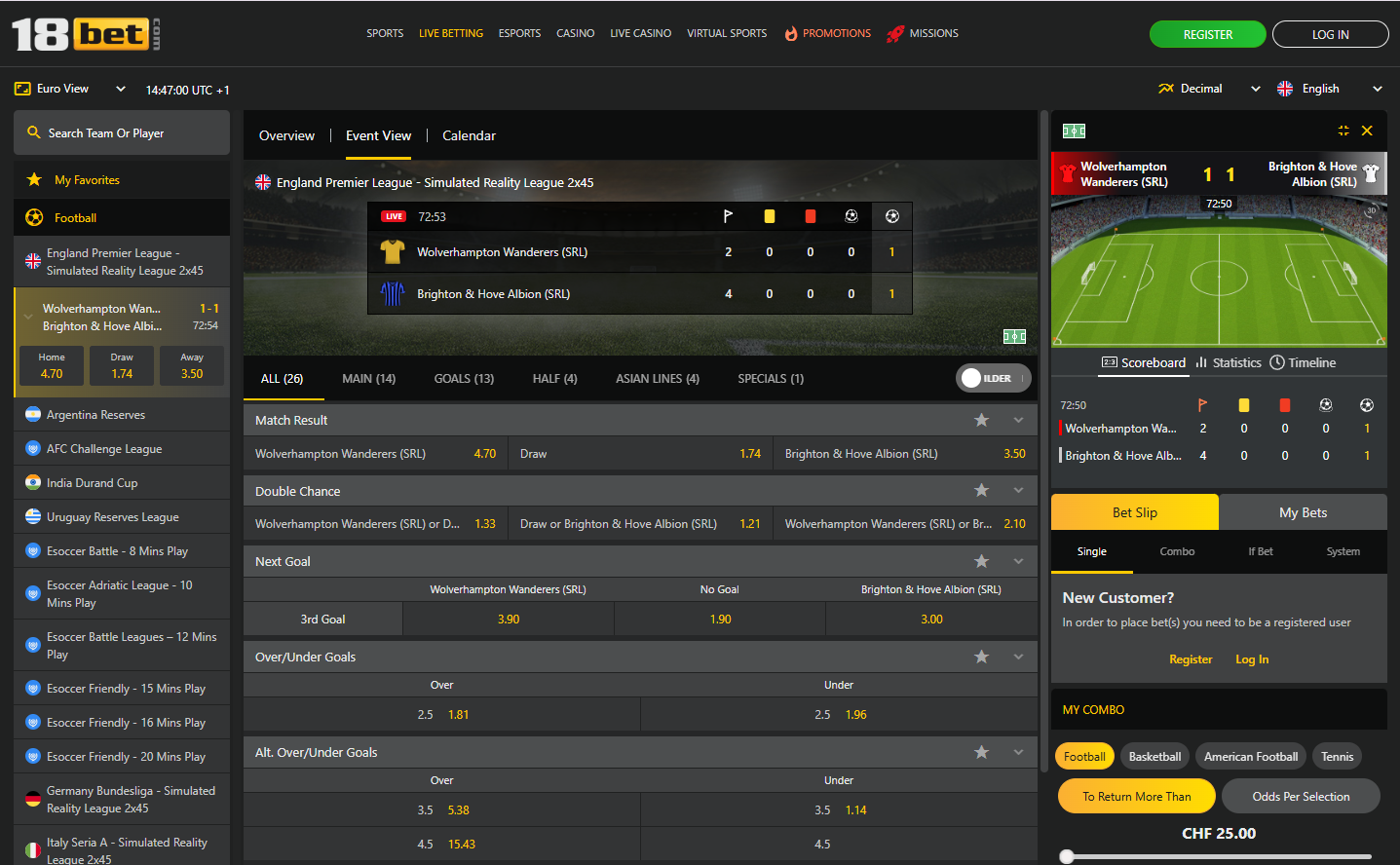 18bet sportsbook interface