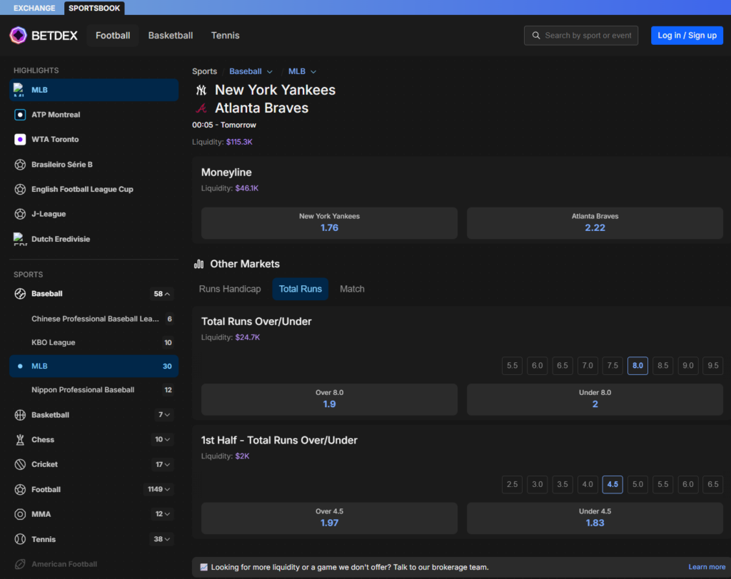 BetDEX baseball - sportsbook view showing moneyline, total runs markets and available liquidity for an MLB game.