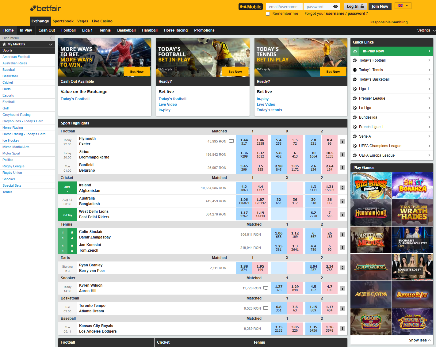 Betfair betting exchange interface showing sports markets and back and lay betting.